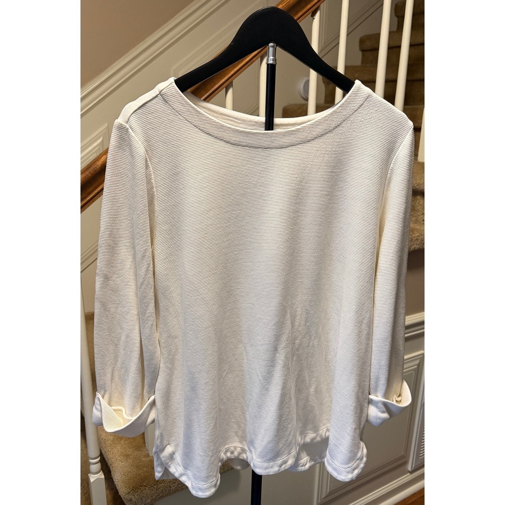 J. Jill Wearever Ivory Ribbed Knit Boat Neck Top 3/4 Sleeve Petite Large L P